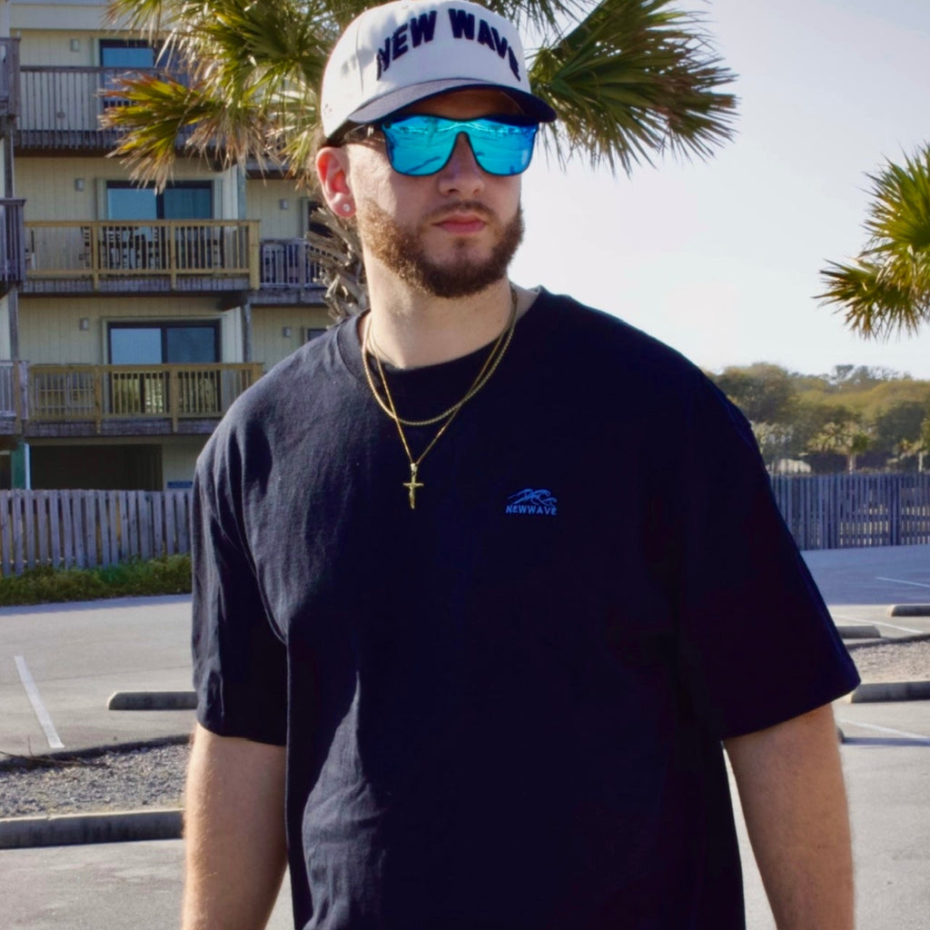 Man wearing a navy blue t-shirt with a logo, white shorts, and a cap with sunglasses on, standing in a parking lot with palm trees and buildings in the background.