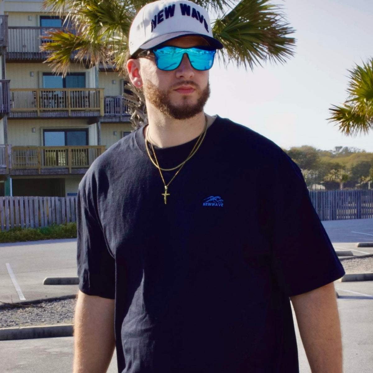 Man wearing a navy blue t-shirt with a logo, white shorts, and a cap with sunglasses on, standing in a parking lot with palm trees and buildings in the background.